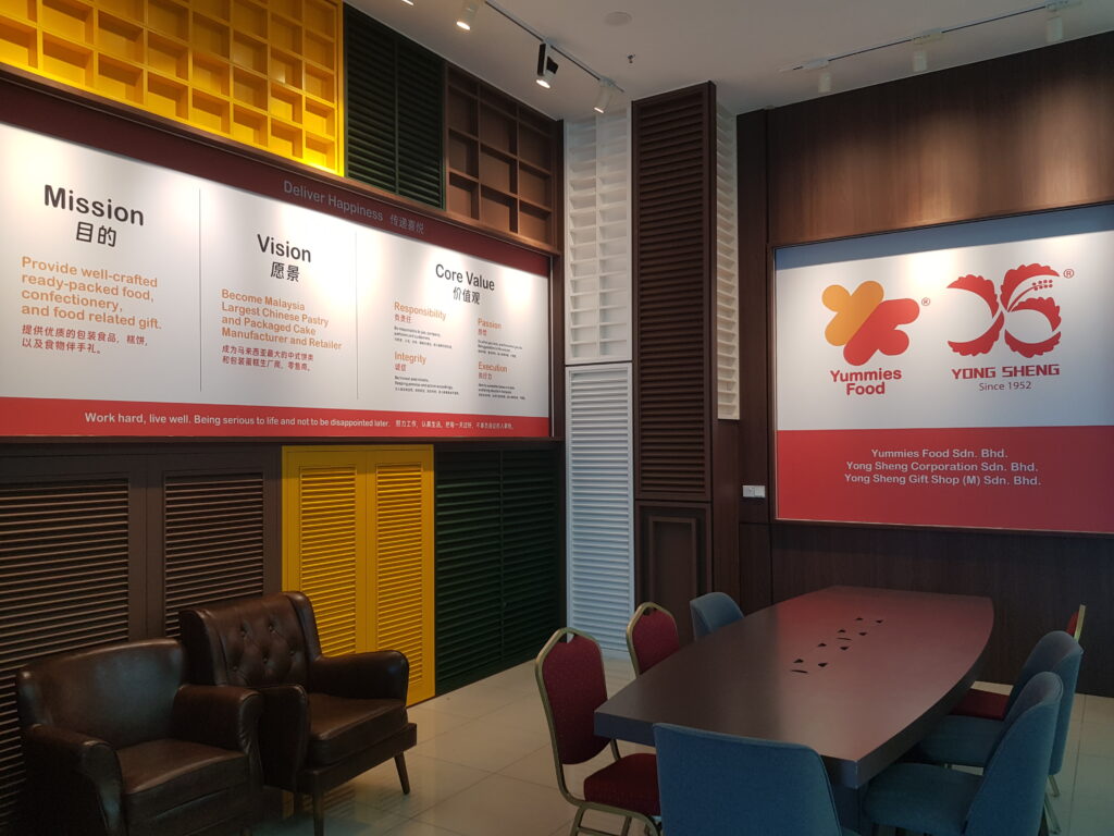 Yummies Food meeting room with mission, vision and core values