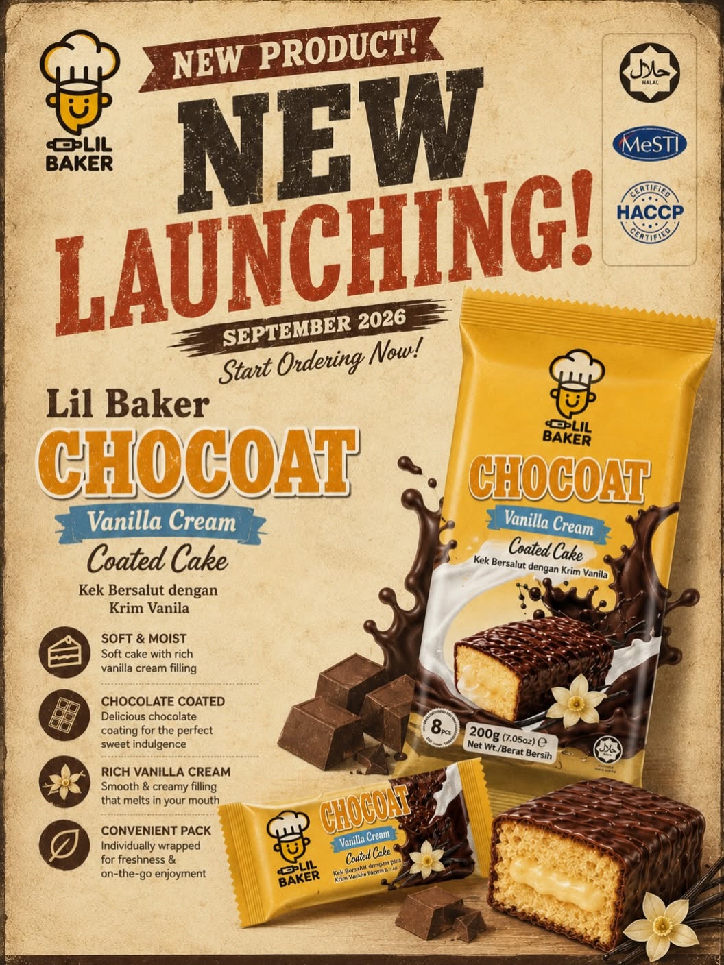 Lil Baker Chocoat Vanilla Cream Coated Cake new product launch poster, September 2026